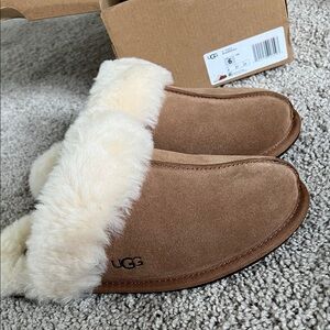 UGG Tan Suede Slippers with White Fur
